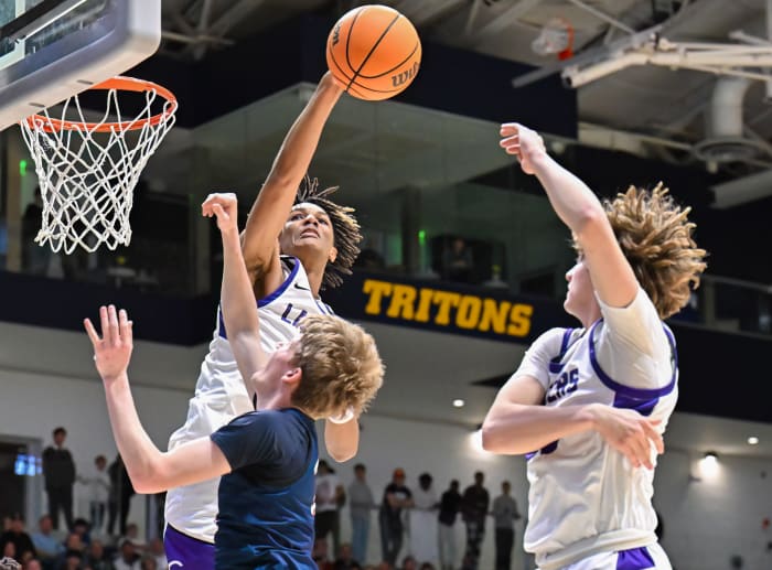 Carlsbad's Jael Martin swats away a Montgomery shot attempts during the first half of Saturday's Open Division championship game.